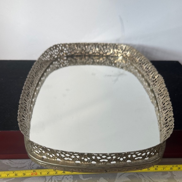 Vintage Oblong  Brass Filigree Vanity Mirror Tray - 14" x 8" x 1-1/2" - Picture 6 of 8